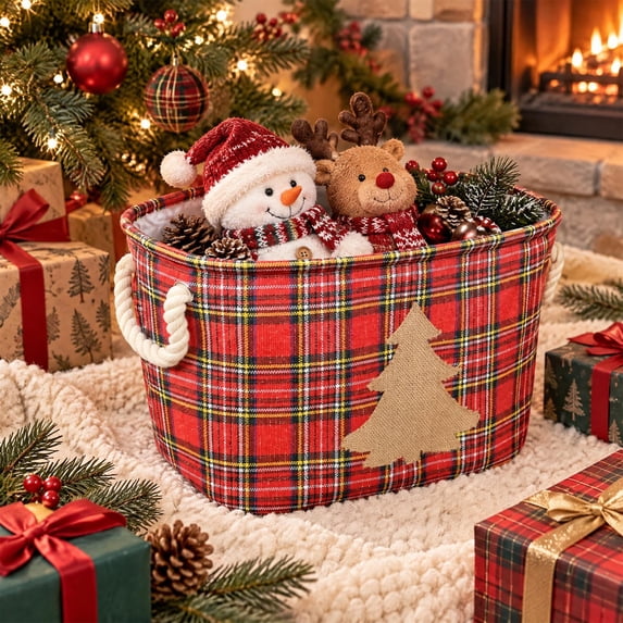 QISIWOLE Plaid Christmas Storage Basket Holiday Red 15.35 x 9.45 x 7.48 ...