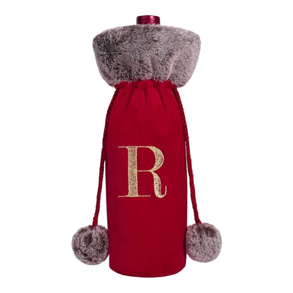 QISIWOLE Red Christmas Wine Bottle Gift Bags with Gold Initial-R, 12.5x6.2in Red Bag with Plush Cuff Drawstring, Personalized Alphabet Letter Wine Cover for Xmas Holiday Party Decor