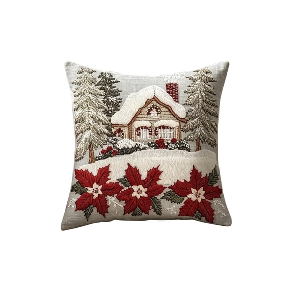QISIWOLE Rustic Christmas Throw Pillow Cover, 18 x 18 Inch Embroidered Linen Blend Fabric With Hidden Zipper, Holiday Accent for Sofa Couch Bed Living Room, Snowy Cabin Scene