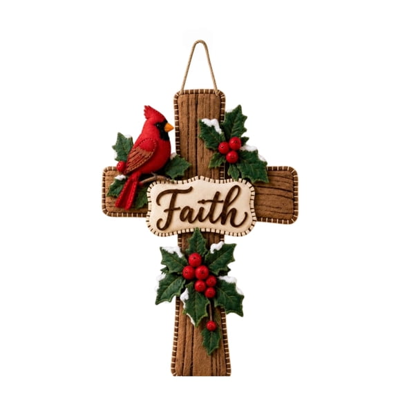 QISIWOLE Rustic Faith Cardinal Cross Hanging Decoration, 13.78 x 7.87 Inch Cloth with Holly Berries and Attached String, Hangs on Doorway Mantel Living Room Wall, Brown