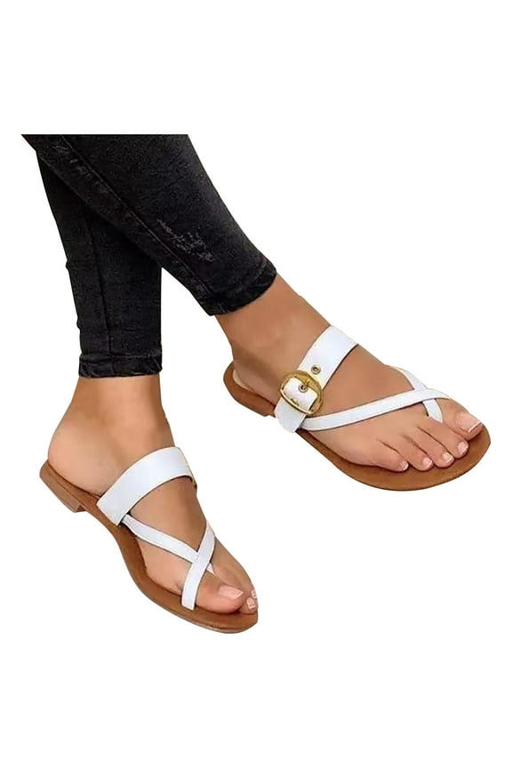QISIWOLE Sandals Women 2022 Cross Toe Thread Metal Buckle Flat Female Roman Sandals (Adjustable,Comfortable)