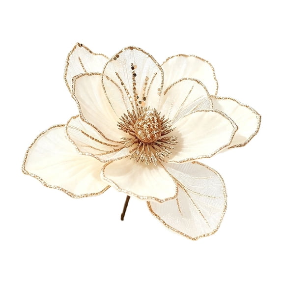 QISIWOLE Velvet Layered Glitter Poinsettia Stem, Beige Floral Pick with Wire Stem, 8.66 in Polyester, for Christmas Tree Wreath and Garland Decor