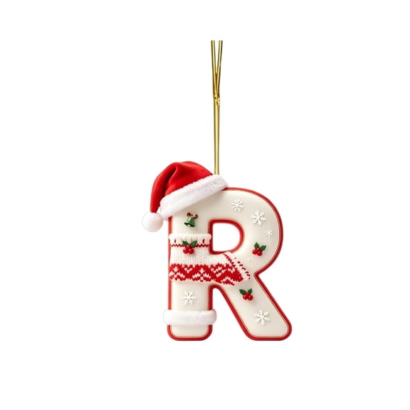 QISIWOLE White Letter R Christmas Letter Ornament with Red Hat Decor, 2D Acrylic Hanging Pendant, 3.15 x 2.36 in Acrylic Letter Ornament, for Christmas Tree Garland Mantel Decor
