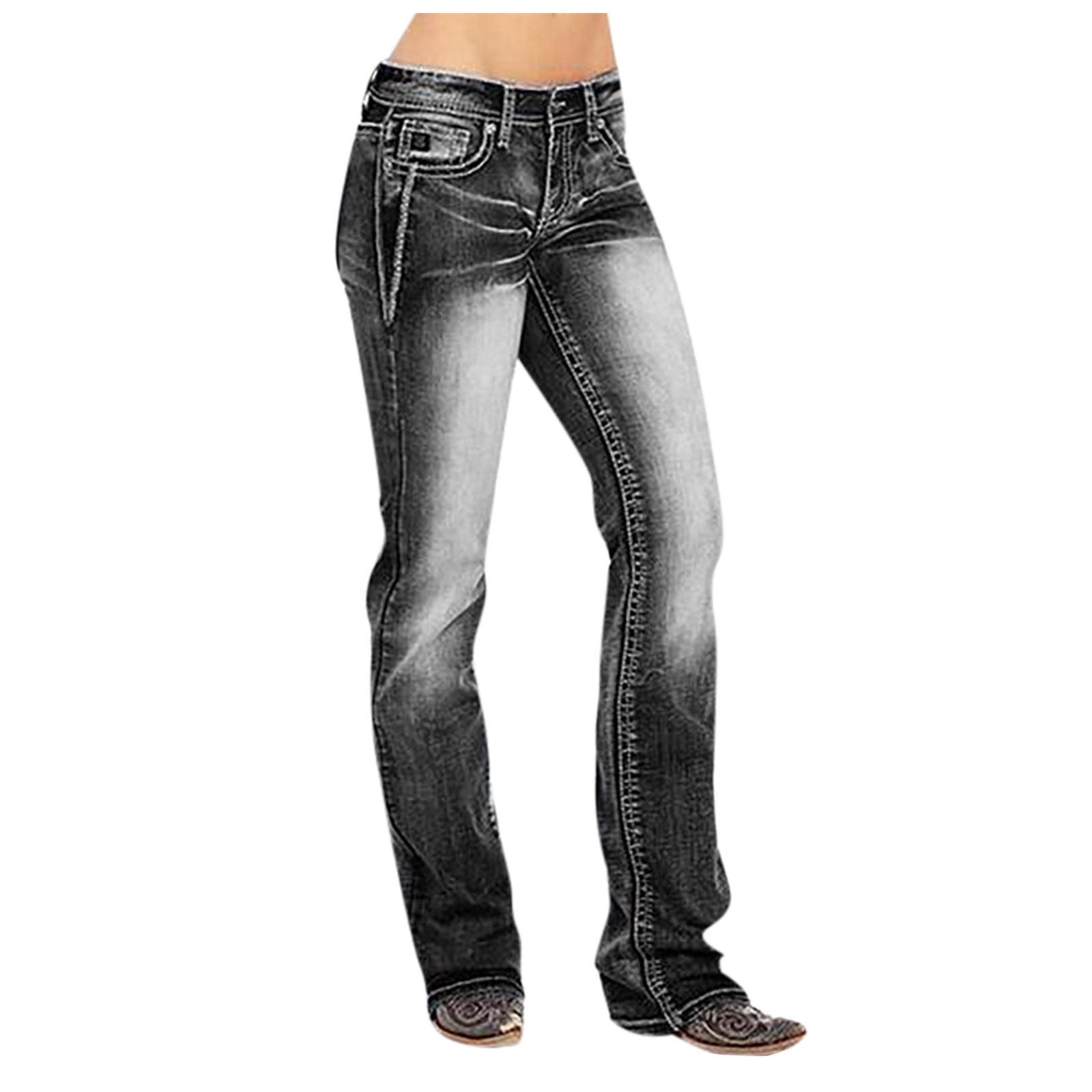 Flamingals Damen Jeans Mid Rise Straight Leg - Stretchy Boyfriend Fit, Multi-Pocket, 74% Baumwolle