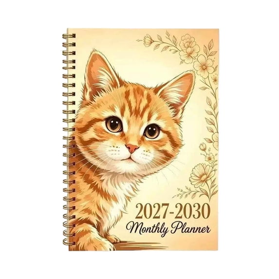 QISIWOLE Yellow 2027-2030 Monthly Planner Notebook with Cute Cat Cover, 5.8x8.3in Spiral Bound Agenda for Women, 5 Year Calendar Planner with Monthly Tabs, Learning Office Supplies