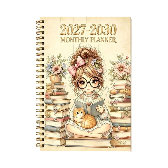 QISIWOLE Yellow 2027-2030 Monthly Planner Notebook with Reading Girl Cover, 5.8x8.3in Spiral Bound Agenda for Women, 5 Year Calendar Planner with Monthly Tabs, Learning Office Supplies