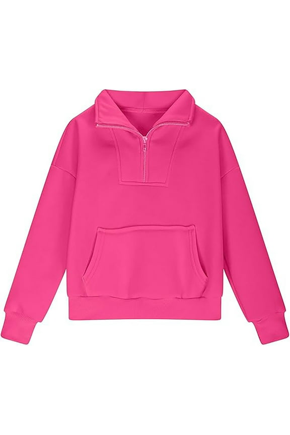Kids Half Zip Stand Collar Pullover Hoodie Long Sleeve Thumb Hole Pocket Athletic Top for Fall Spring Hot Pink,7-8 Years