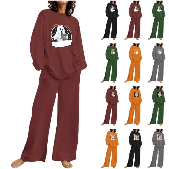 QIUOMBBP 2 Piece Lounge Set Women Plus Size Long Sleeve Pullover Tops and Loose Wide Leg Trousers Halloween Ghost Print Pajama Sets, Orange, XXXL