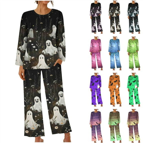 QIUOMBBP 2 Piece Outfits for Women Halloween Printed Long Sleeve Shirt and Pajama Pants Lounge Sets Fall Winetr Clothes, Green, S