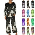 thumbnail image 1 of QIUOMBBP 2 Piece Outfits for Women Halloween Printed Long Sleeve Shirt and Pajama Pants Lounge Sets Fall Winetr Clothes, Pink, M, 1 of 7