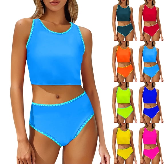 QIUOMBBP 2 Piece Tankini Swimsuits for Women Full Coverage Cropped Tank Top with High Waist Bottom Beach Vacation Modest Bathing Suit Sky Blue M
