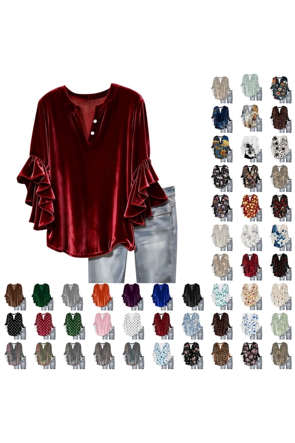 3/4 Length Sleeve Floral Graphic Tops for Women Velvet V Neck Flowy Ruffle Sleeve Blouse, Multicolor, XXL