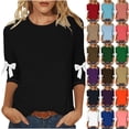 thumbnail image 1 of QIUOMBBP 3/4 Length Sleeve Women Tops Solid Color Crewneck T Shirts Cute 3D Bow Casual Dressy Tees Shirt Blouses, Sky Blue, XXXL, 1 of 6