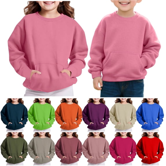 QIUOMBBP Athletic Long Sleeve Sweatshirt for Girls Crewneck Pullover Sweatshirts with Pockets Solid Color Casual Clothes Orange 110