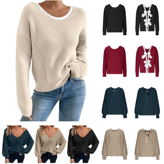 QIUOMBBP Beige Women's Bow V Neck Sweaters Solid Color Off The Shoulder Cable Knit Pullover Oversized Long Sleeve Backless Tops XL
