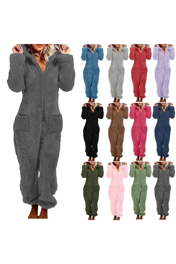 Black Womens Fleece One Piece Pajamas with Pockets Zip Up Cute Hooded Jumpsuit Warm Sherpa Lounge Sleepwear S