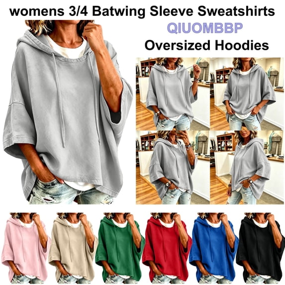 QIUOMBBP Blue Women's Hoodies Drawstring 3/4 Sleeve Hoodie Fall Clothes Solid Loose Fit Hooded Pullover Sweatshirts M