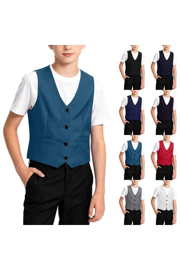 Boys Sleeveless Suit Vest Solid Color Button Down V-Neck Waistcoat School Uniform Outfits for Party Gray 4-5Years