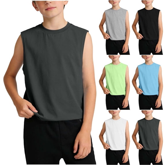 QIUOMBBP Boys Workout Tank Tops Cotton Sleeveless Basic Loose Fit Tanks Athletic Running Crewneck Undershirts White 3-4 Years