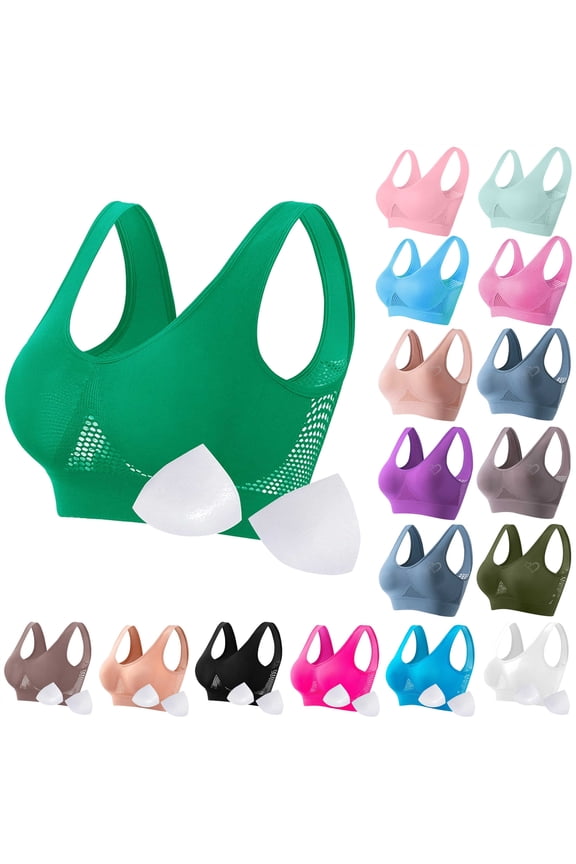 Breathable Anti-Sagging Breasts Sports Bras for Women Plus Size Lift Up Air Bra Comfortable Support Wireless Bralette, Army Green, XXL