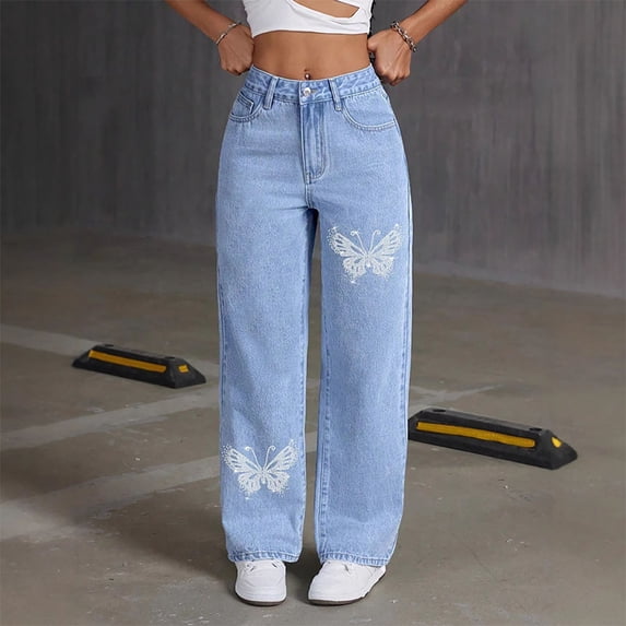 QIUOMBBP Butterfly Wide Leg Jeans for Women High Waisted Trendy Y2K Straight Leg Jeans Vintage Baggy Denim Pants with Pockets, Light Blue, L