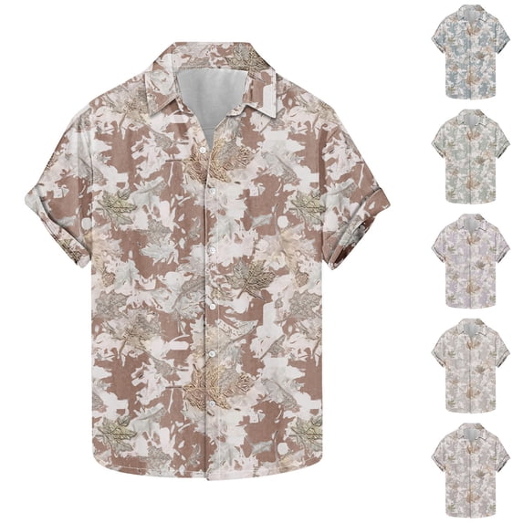 QIUOMBBP Button Down Shirts for Men Short Sleeve Leaf Printed Casual Tees Loose Stretchy Summer Hawaiian Tshirts Blue L
