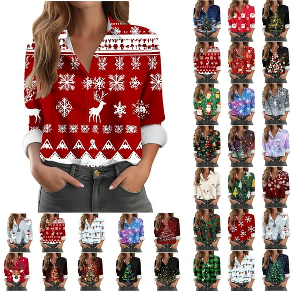 QIUOMBBP Button Down Shirts for Women Christmas Graphic Long Sleeve Work Tops Business Casual Lapel Blouses Plus Size Xmas Shirt, Green, XXXL