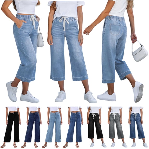 QIUOMBBP Capri Jeans for Women Dressy Casual Summer Pull on Denim Pants Drawstring Elastic High Waist Wide Leg Capris Gray XXL