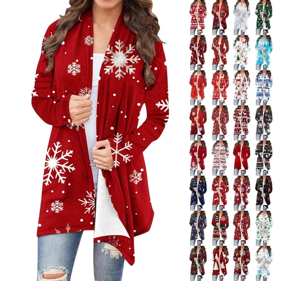 QIUOMBBP Cardigan Sweaters for Women Plus Size Ugly Graphic Print Shrugs Tops Lightweight Long Sleeve Xmas Print Outwear, Red, S