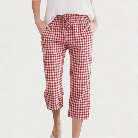 QIUOMBBP Casual Plaid Pants for Girls Elastic Waist Straigh Leg 7/8 Length Pants with Drawstring Loose Capri Trousers Red 120