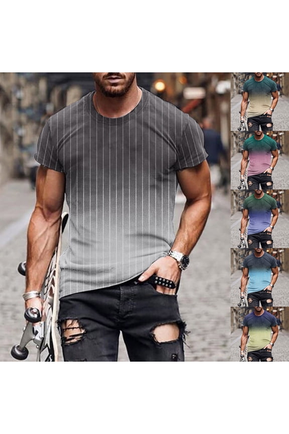 Casual Tops for Men Short Sleeve Gradient Color Stripped Tshirts Summer Loose Sport Gym Fitness Muscle Tops Pink L