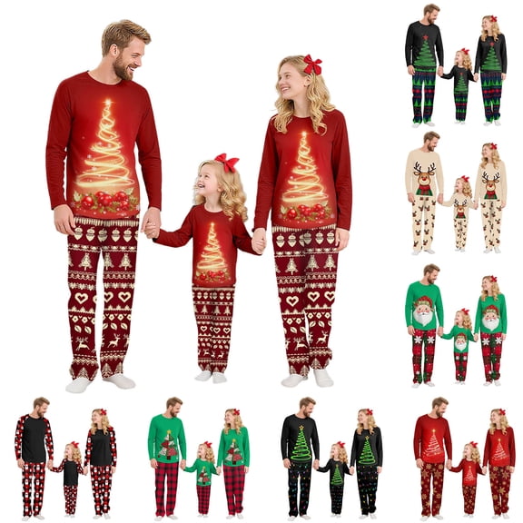 QIUOMBBP Christmas Family Matching Pajamas Sets Cute Print T-Shirt and Pants Xmas Pjs 2 Piece Holiday Sleepwear Navy