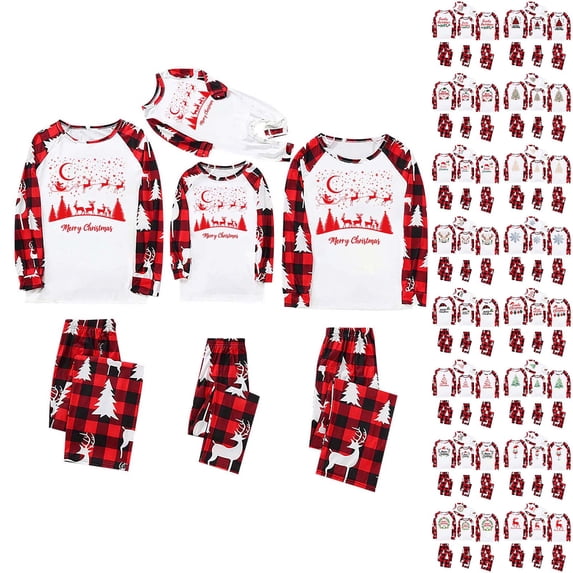 QIUOMBBP Christmas Family Pajamas Matching Set Long Sleeve Letters Print T-shirt with Plaid Pants Sleepwear, Red, XL