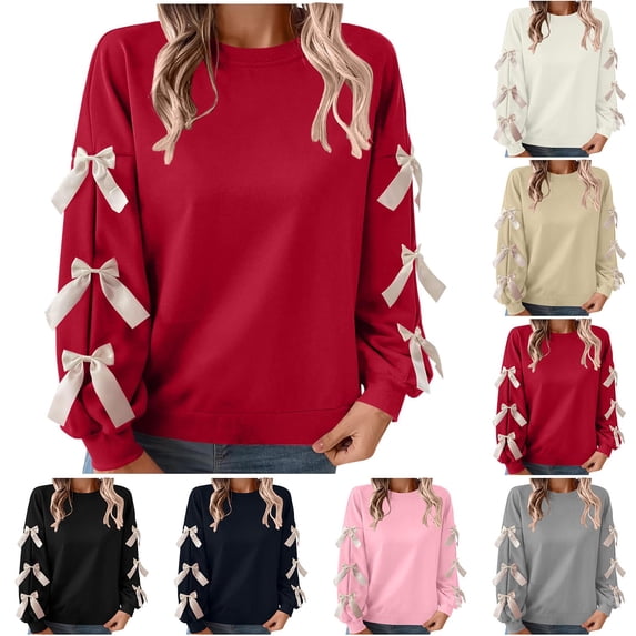 QIUOMBBP Christmas Sweatshirts for Women Cute Bow Sweater Tops Oversized Loose Casual Round Neck Pullover Blouse, Navy, S