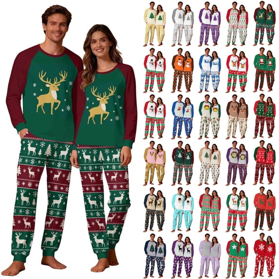 QIUOMBBP Color Block Crewneck Couple Christmas Pajamas 2 Piece Sets Long Sleeve Shirts Matching Sleep Trousers Loungewear Navy