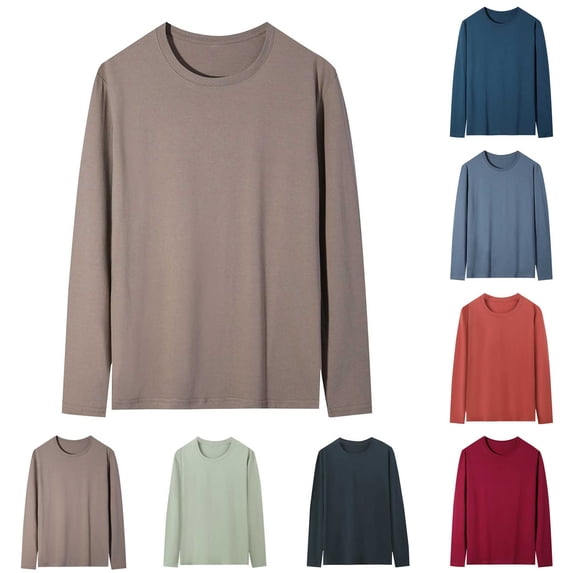 QIUOMBBP Cotton T Shirts for Men Loose Long Sleeve Crew Neck Basic Tee Casual Plus Size Workout Clothes Tops Light Blue L