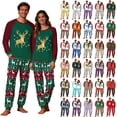 thumbnail image 1 of QIUOMBBP Couple Christmas Pajamas Color Block Crewneck Long Sleeve Shirts Matching Sleep Trousers 2 Piece Loungewear Sets Navy, 1 of 6