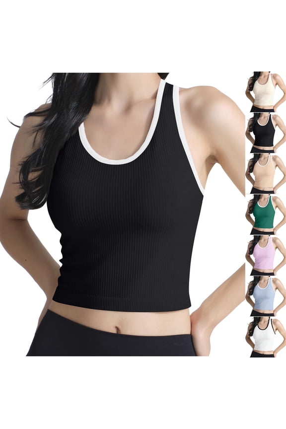Crop Tank Tops for Women with Built in Bra Compression Ribbed Knit Sleeveless Top Summer Sport Yoga Shirts White L