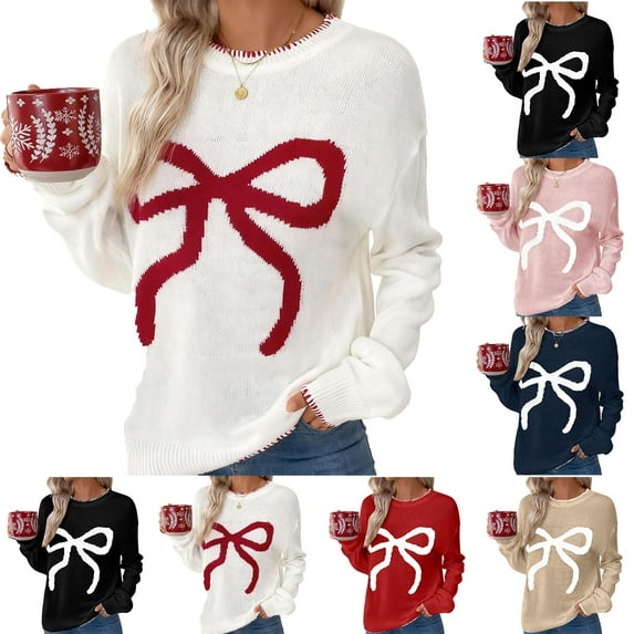 QIUOMBBP Cute Bow Sweaters for Women Long Sleeve Ribbed Knit Pullover Tops Casual Round Neck Jumper, Black, L
