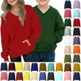 thumbnail image 1 of QIUOMBBP Cute Sweatshirts for Kids Solid Color Long Sleeve Shirts Loose V Neck Pullover Tops with Pocket Back To School Clothes Yellow, 1 of 9