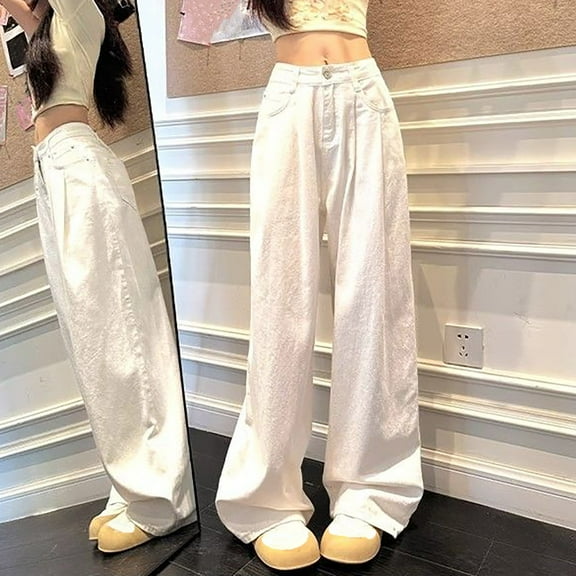 QIUOMBBP Dance Jeans for Women Wide Leg Baggy Denim Pants with Pockets Lightweight Casual Solid Color Lounge Trousers, White, XXL