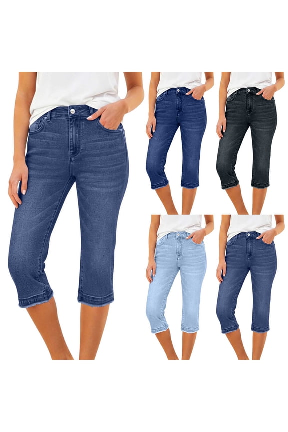 Denim Pants for Women High Waist Button Fly Capri Jeans with Pocket Slim Fit Stretch Comfort Cropped Pants Dark Blue M
