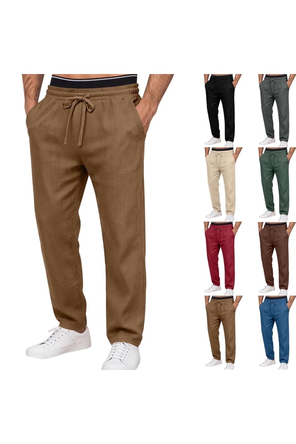 Elastic Waist Pants for Men Drawstring Breathable Linen Straight Leg Pant Loose Casual Summer Beach Trousers Brown M