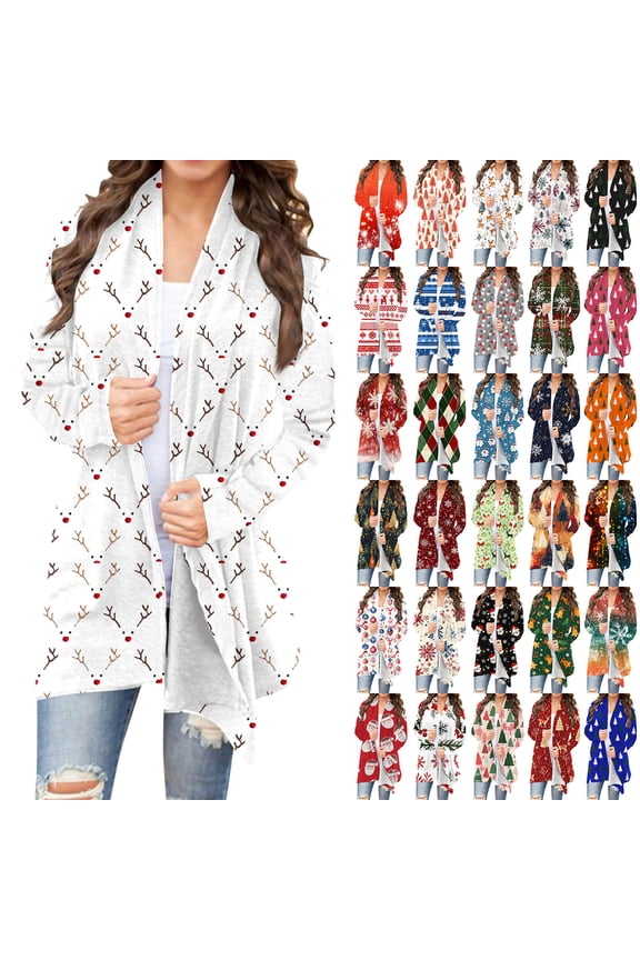 Fall Cardigans for Women Ugly Christmas Graphic Print Long Cardigan Sweaters Tops Casual Open Front Duster Coats, Beige, S