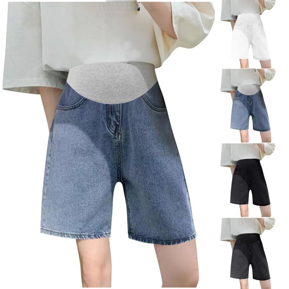 QIUOMBBP Fashion Women's Pregnant Denim Shorts Woman Plus Size Breathable High Waist Support Pregnancy Pants Black XL
