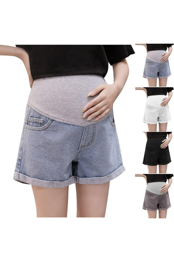QIUOMBBP Fashion Women's Pregnant Denim Shorts Woman Plus Size Breathable High Waist Support Pregnancy Pants Dark Gray XXXL