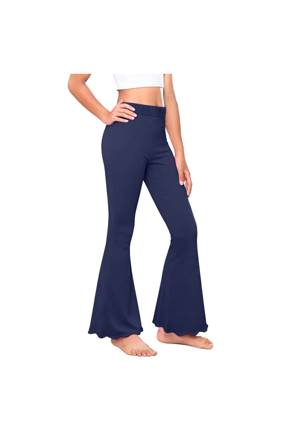 Flare Leggings Girls Stretchy High Waisted Bell Bottoms Cotton Uniform Pants for Teen Dance Gymnastics Party Wear Navy 15 Years