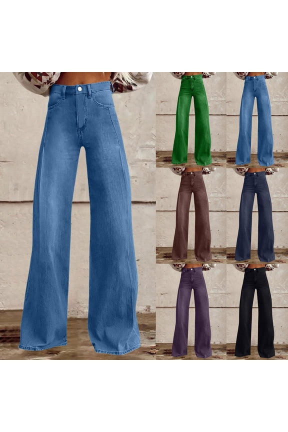 Flare Pants for Women Elastic High Waisted Button Denim Pants Casual Loose Wide Leg Jeans with Pockets, Brown, M