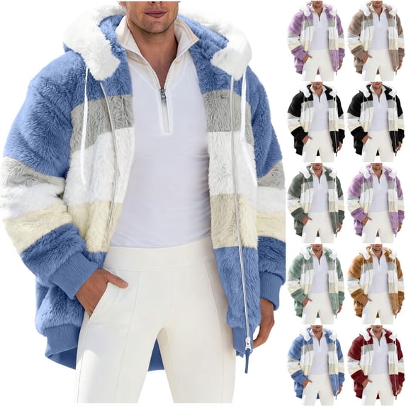 QIUOMBBP Fleece Jacket for Men Fuzzy Warm Winter Coats Full Zip Sherpa Jacket Oversized Hooded Jackets Fluffy Coat with Pockets Black XXXL
