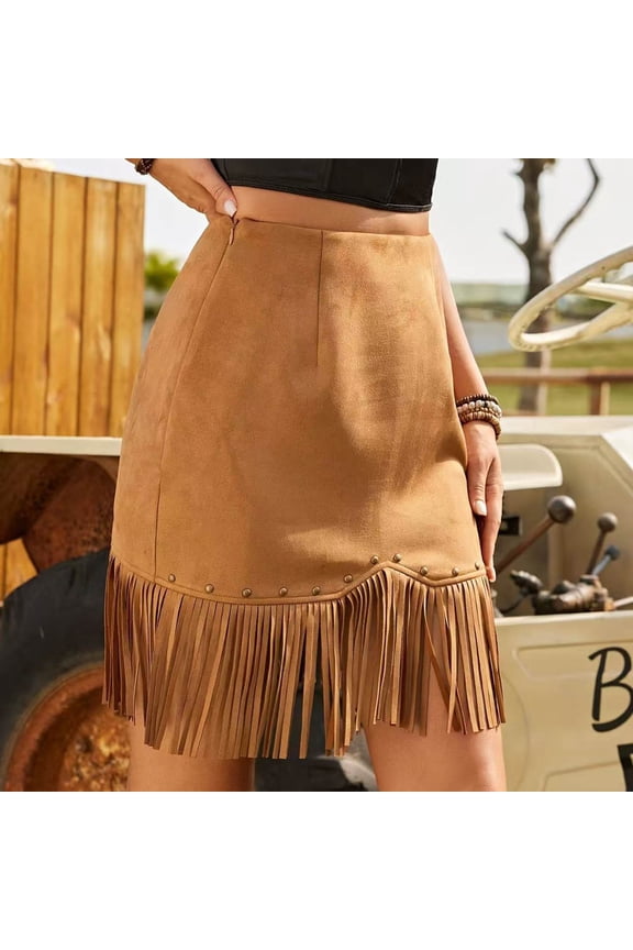 Fringe Mini Skirt for Women Zipper Side Tassel Western Cowgirl Suede Short Skirts Summer Casual Streetwear Brown S
